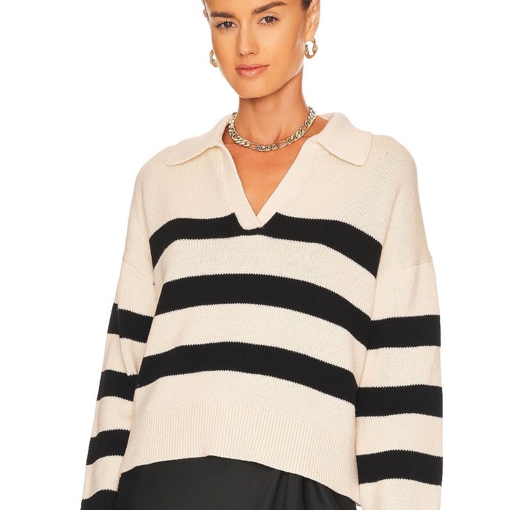 Cream and Black Striped V-Neck Collared Sweater